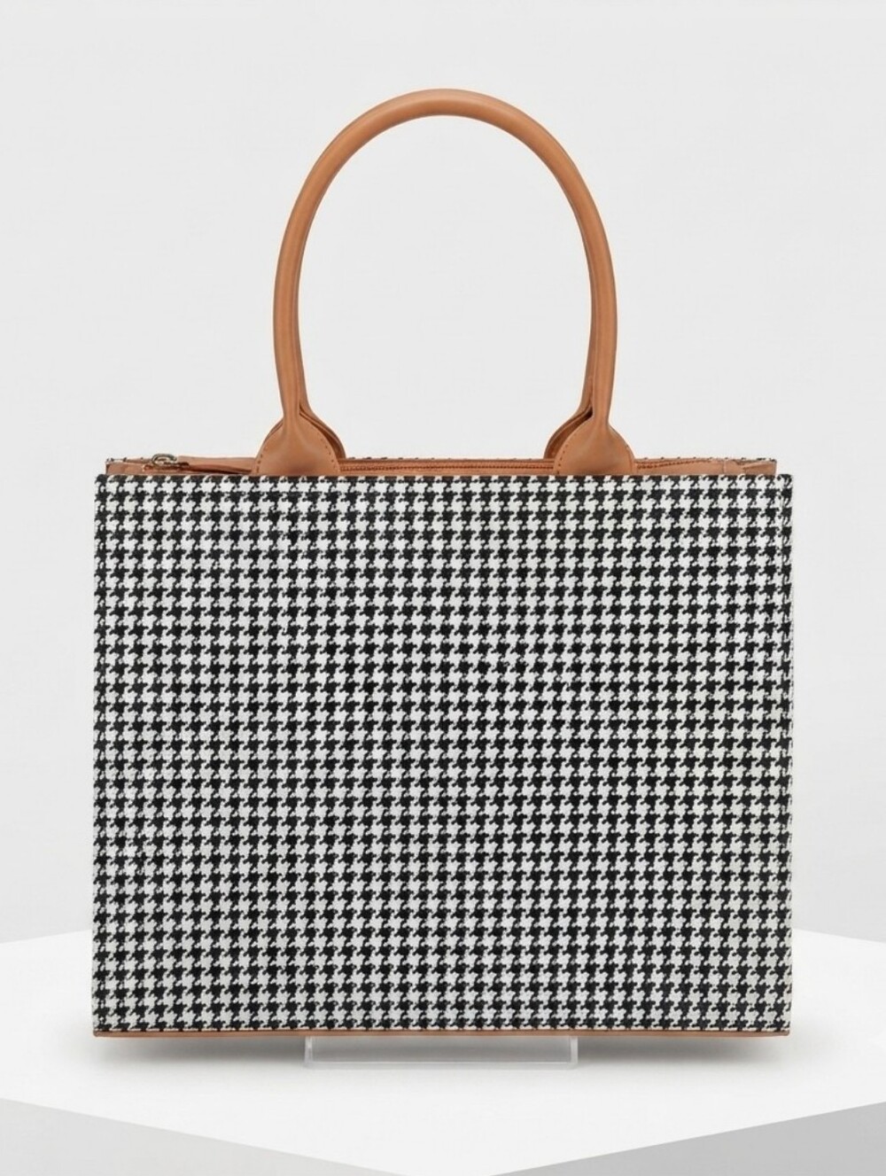 Houndstooth Tote Bag with Tan Handles